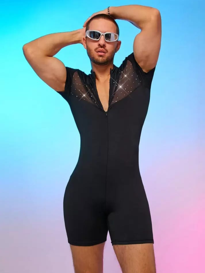 Crystal City Men's Mesh Splice Tight Short Sleeve Romper